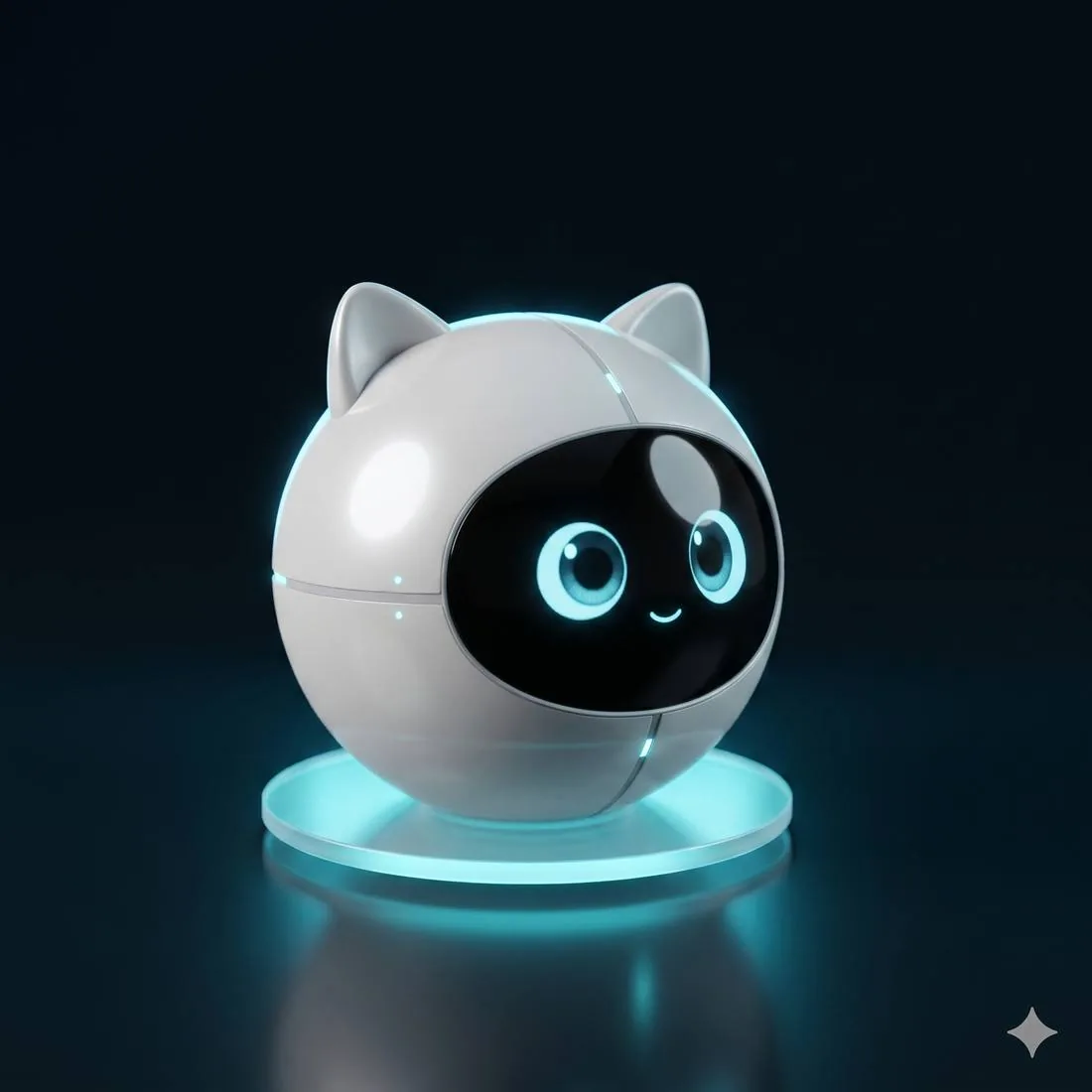 Studio product shot of Nimo, a glossy white cat-eared AI companion robot with big glowing cyan eyes on a glowing cyan base