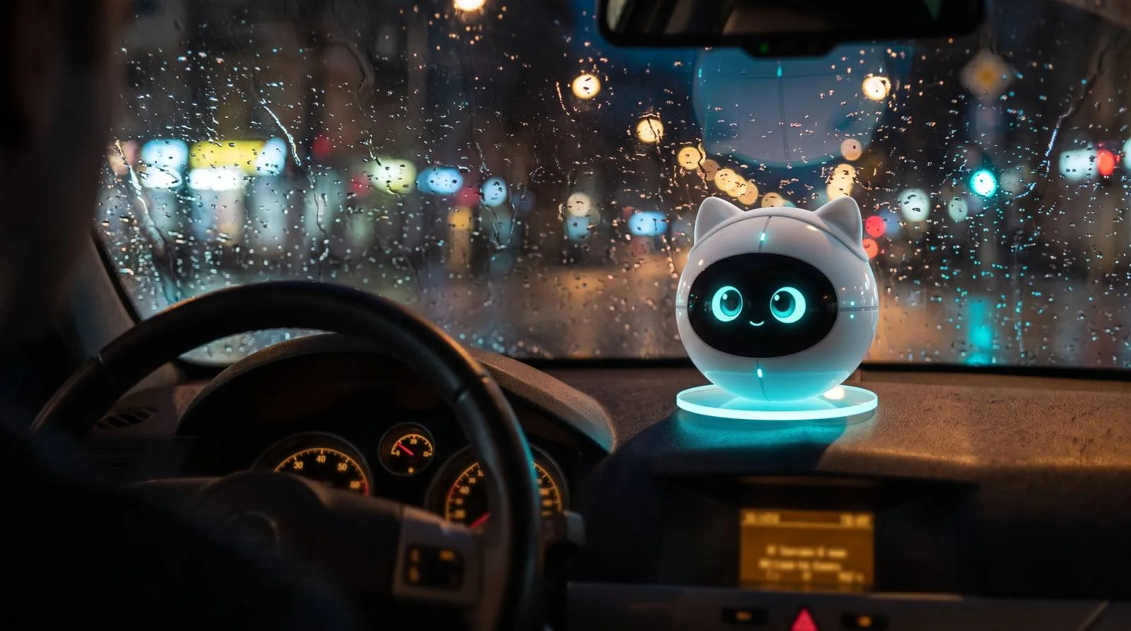 Nimo glowing cyan on a car dashboard at night, seen from the driver's seat